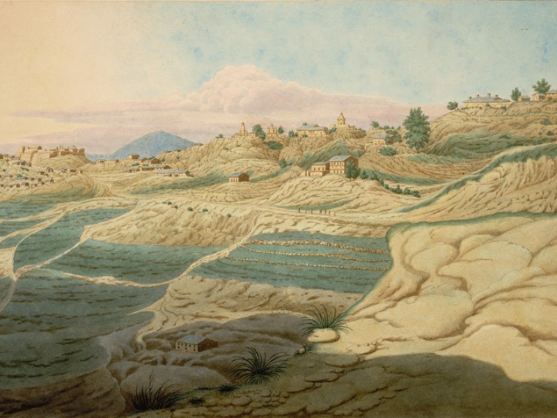 Painting of Lal Mandi and Malla Mala, Almora by Hyder Young Hearsay in 1815.